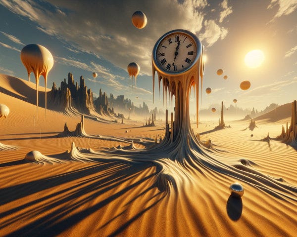 Images of A barren desert with bizarre, elongated shadows and strange  objects (like melting clocks or floating spheres) scattered... | Deep Dream  Generator
