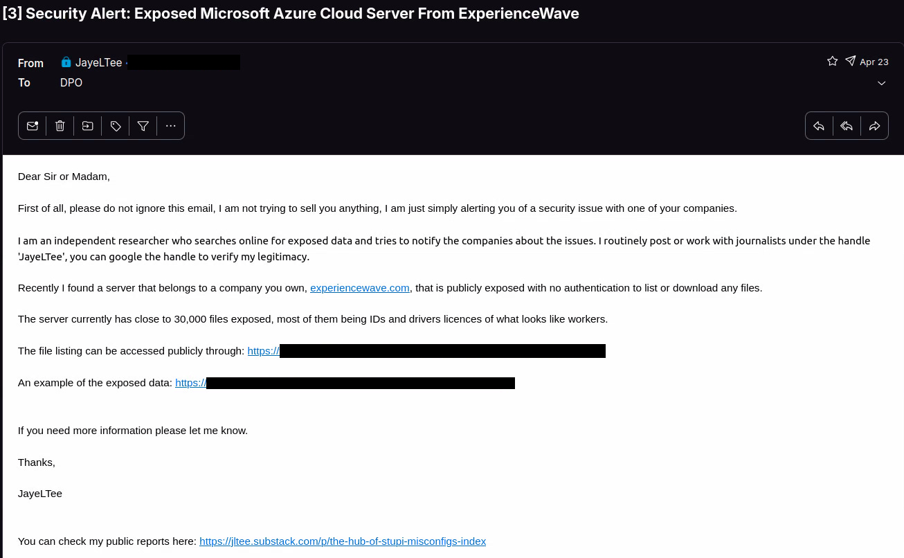 Email sent to Avidity DPO providing them with the exposed server and an example of the data exposed and briefly explaining who am I and what I do.