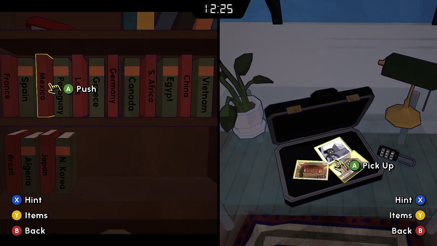 Captura de tela do jogo. No topo, o tempo restante para terminar a fase. A tela está dividida em dois, cada lado sendo controlado por um jogador diferente. A esquerda, livros em uma estante com nomes de países. A direita, uma mesa de centro, com uma planta e uma maleta aberta, contendo fotos.