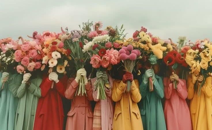 This may contain: a group of women in long dresses standing next to each other with flowers on their heads This may contain: a group of women in long dresses standing next to each other with flowers on their heads