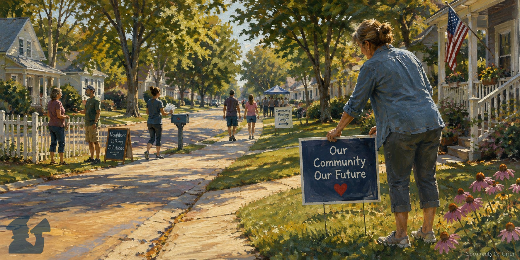 Painterly late-summer scene of neighbors on a tree-lined suburban street taking small civic actions, including talking with one another, sharing information, attending a community meeting, and placing an Our Community, Our Future sign in a front yard. Painterly late-summer scene of neighbors on a tree-lined suburban street taking small civic actions, including talking with one another, sharing information, attending a community meeting, and placing an Our Community, Our Future sign in a front yard.