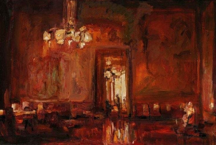 This may contain: an oil painting of a fancy room with chandelier