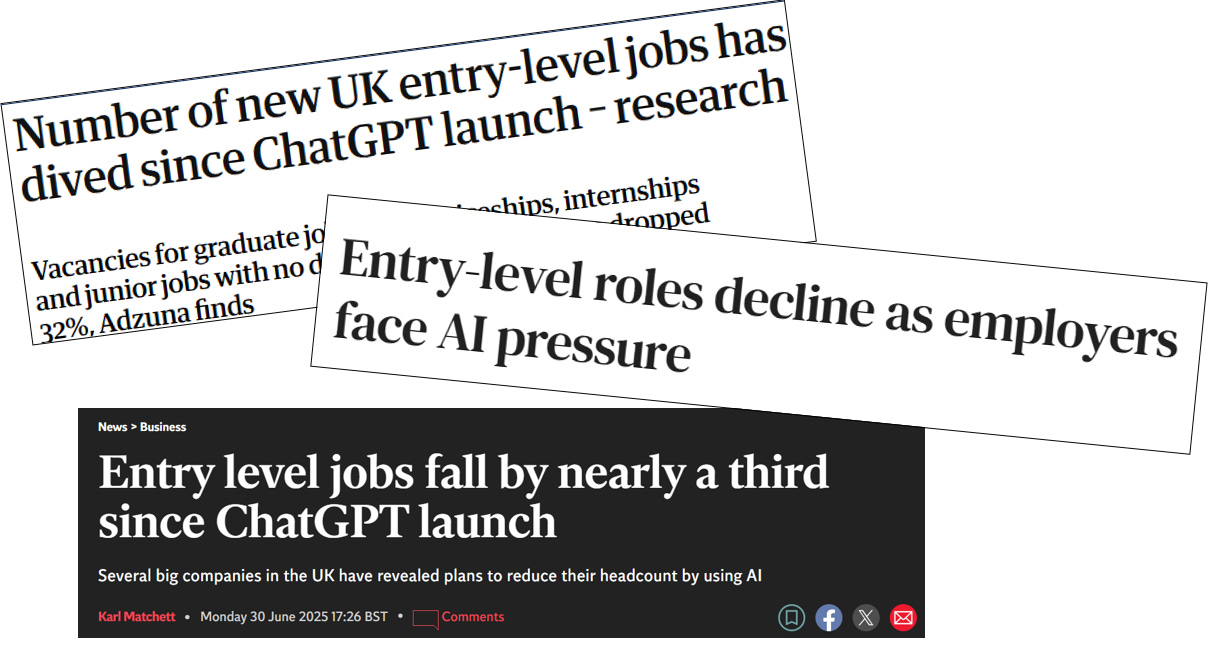 Selection of newspaper headlines, all referring to the drop in entry level roles in the UK that has supposedly been caused by companies adopting AI.