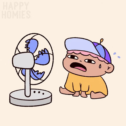 An animated child wearing a propeller hat sits in front of a fan.