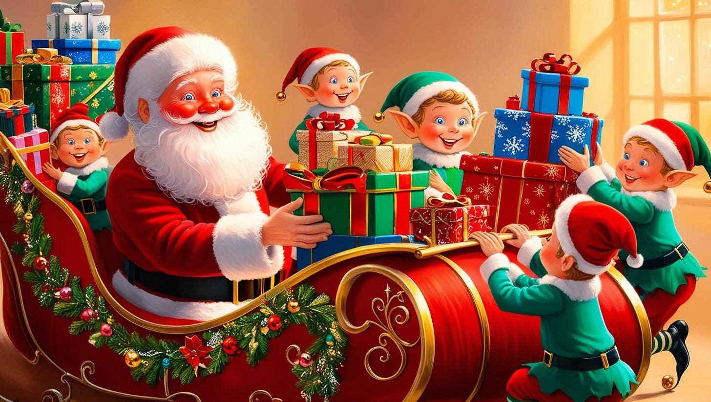 Father Christmas and his Elves filling the Sleigh with presents. Father Christmas and his Elves filling the Sleigh with presents.