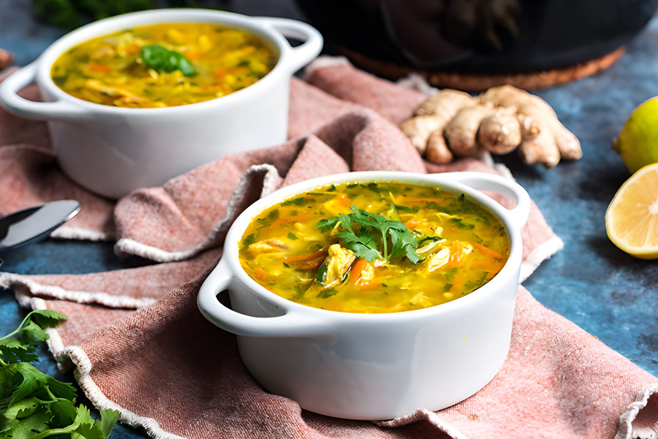 Two white bowls of ginger turmeric chicken soup.