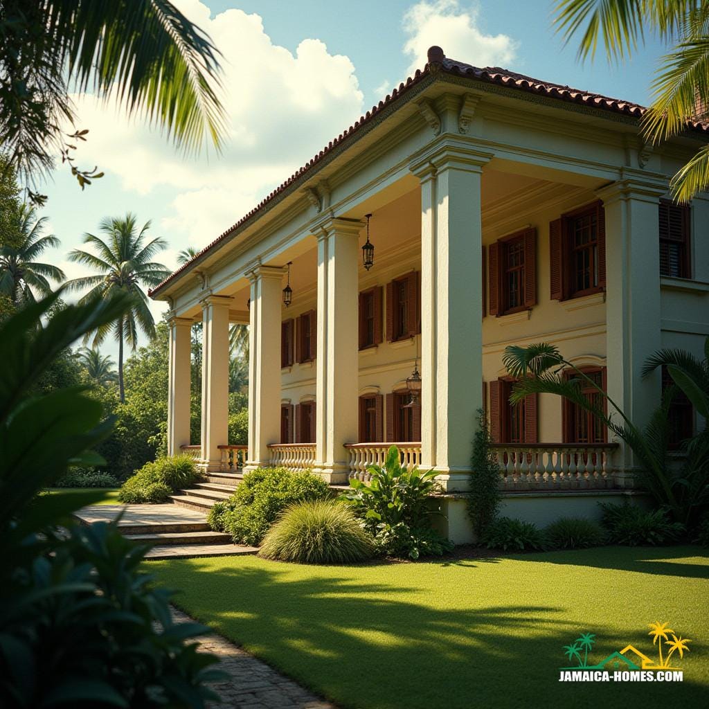 Elegant colonial-style mansion in lush Jamaican Caribbean landscape, imposing columns, ornate wooden shutters, and terracotta-tiled roof, surrounded by vibrant tropical foliage, warm sunlight casting long shadows. Elegant colonial-style mansion in lush Jamaican Caribbean landscape, imposing columns, ornate wooden shutters, and terracotta-tiled roof, surrounded by vibrant tropical foliage, warm sunlight casting long shadows.