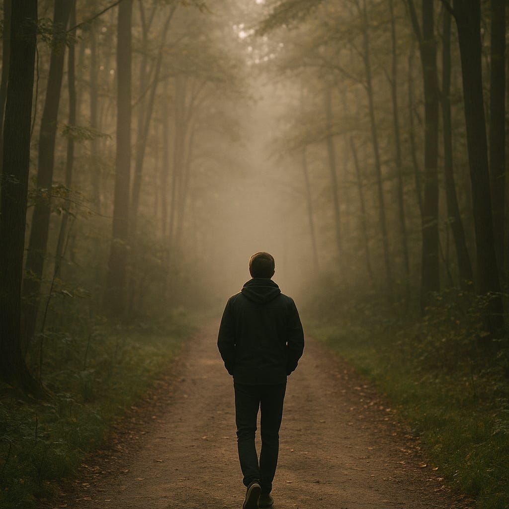 A solitary person walking along a quiet forest path in soft morning light.