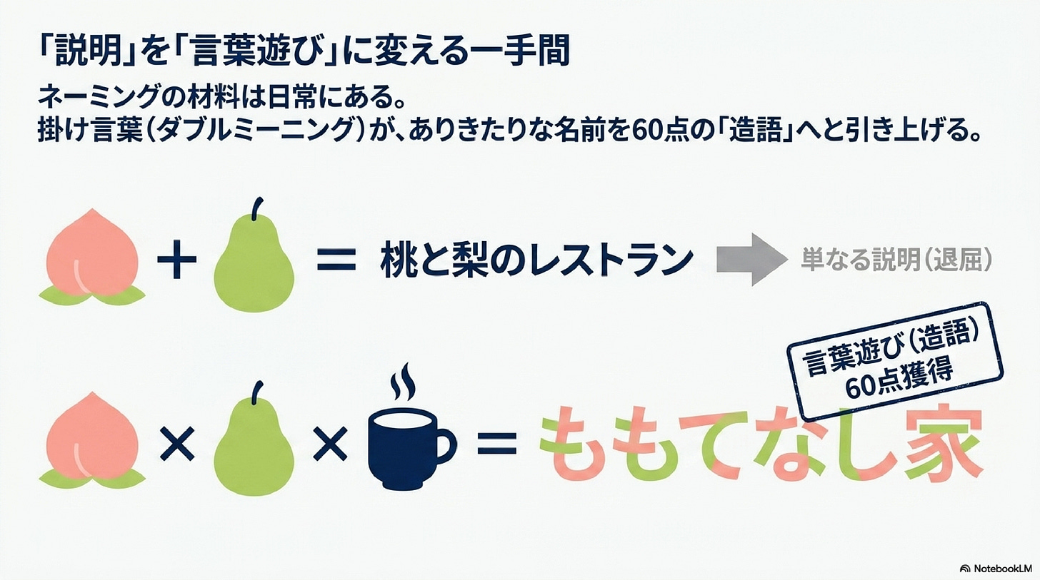 掛け言葉の作り方の図解。桃＋梨＝「桃と梨のレストラン」は単なる説明、桃×梨×おもてなし＝「ももてなし家」で言葉遊びの造語となり60点を獲得