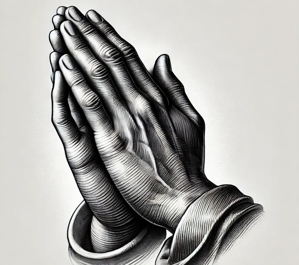 A black and white sketch of praying hands, detailed pencil-style drawing, realistic shading, intricate line work, spiritual and reverent pose, minimalistic background.