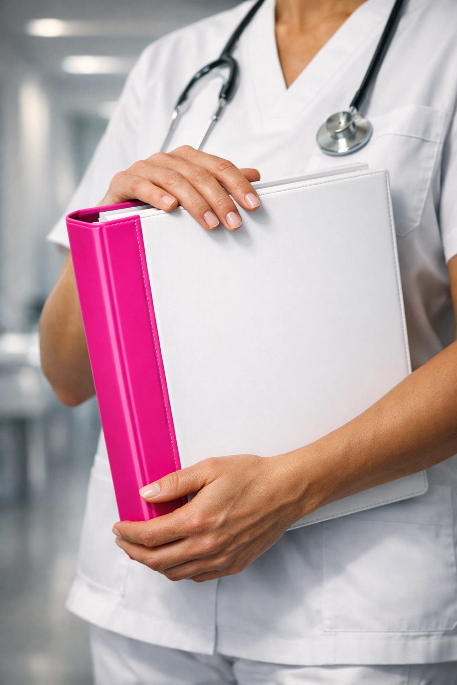 A nurse holding a healthcare policy binder while evaluating employment contracts and internal policies. A nurse holding a healthcare policy binder while evaluating employment contracts and internal policies.