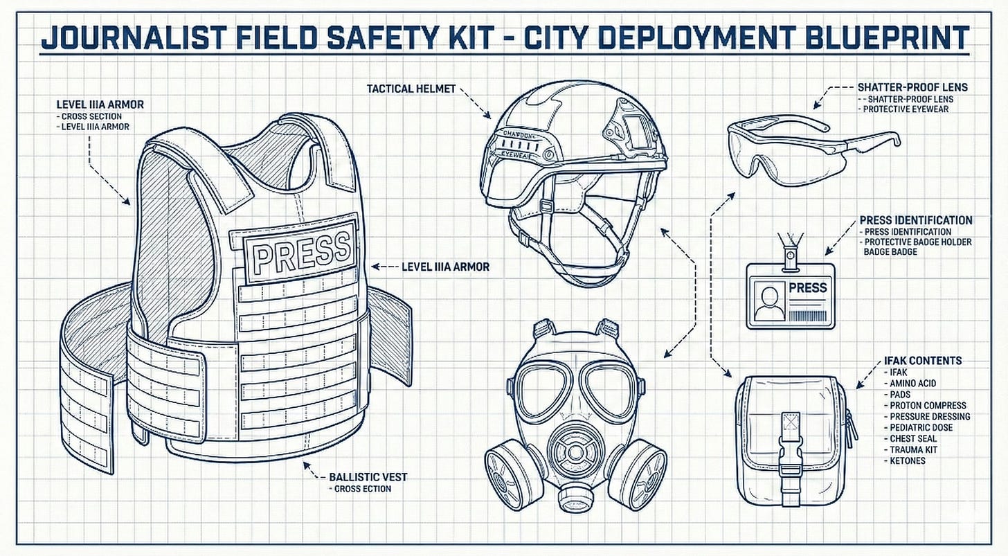 A technical blueprint-style illustration on a grid background showing a standard journalist safety kit. Items include a ballistic vest labeled "PRESS", a tactical helmet, a gas mask, shatter-proof eyewear, a press identification badge, and a trauma kit pouch. The visual style mimics an architectural schematic or patent drawing.
