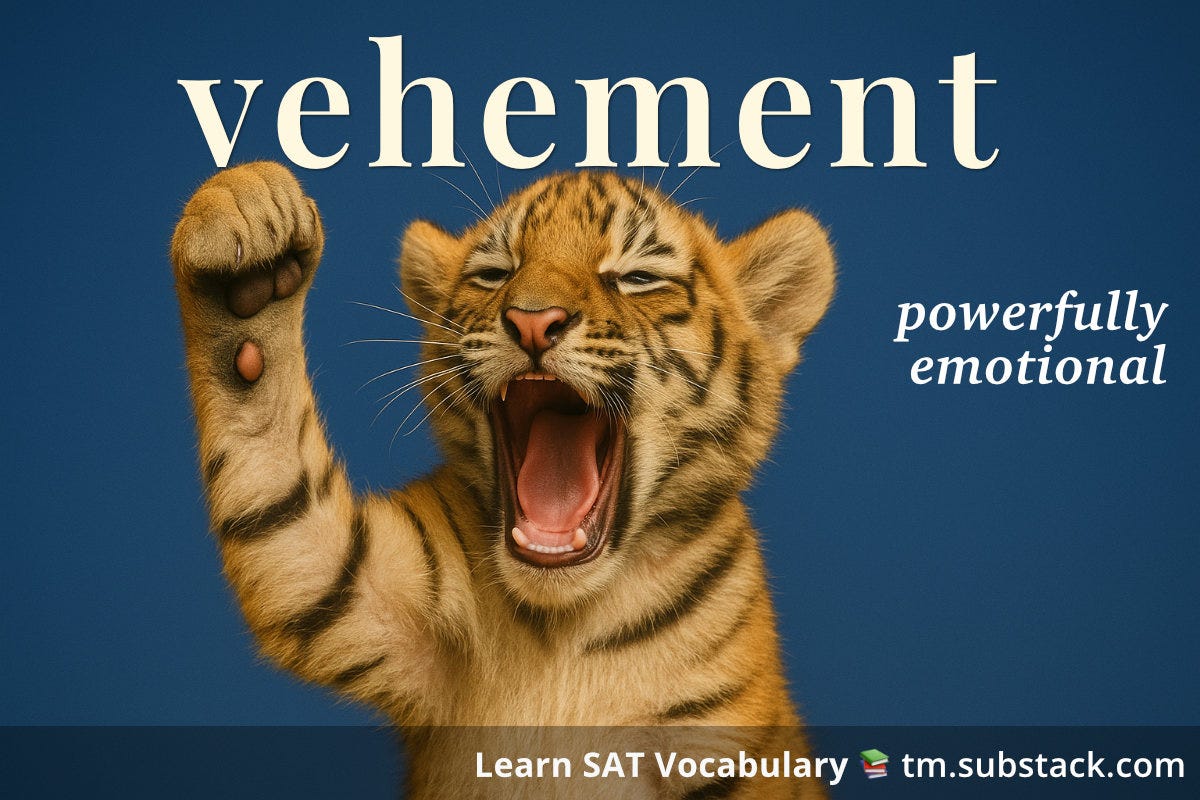 Illustration of a tiger cub roaring passionately; used to illustrate the SAT word 'vehement'.
