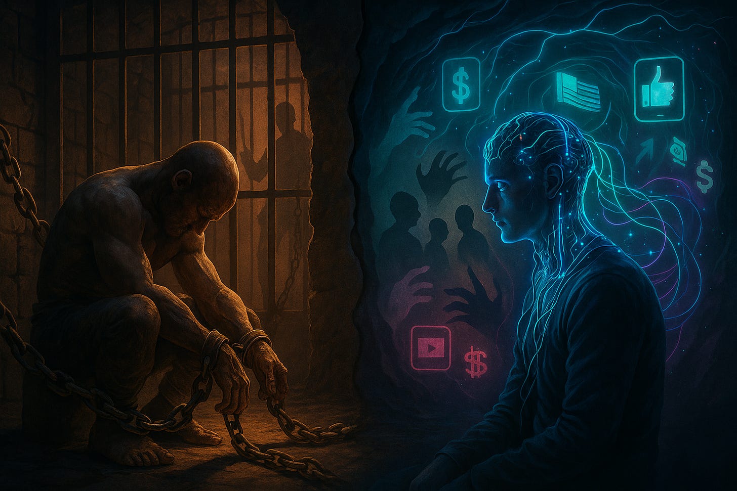 Split-scene artwork. Left: a dim, stone prison with a shackled man crouched in chains; a guard’s silhouette stands behind iron bars. Right: a glowing, teal profile of a person wired with circuit-like strands; shadowy hands and neon icons (dollar sign, flag, like, play button, lock) float around them. Warm orange vs cool blue lighting contrasts physical captivity with digital mind capture.