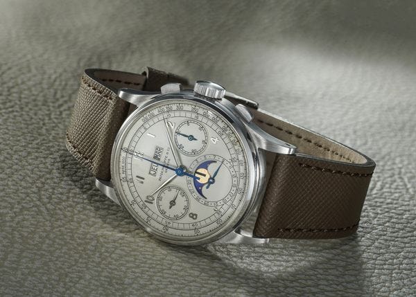 A 1943 Patek Philippe Perpetual Calendar Chronograph Ref. 1518 in stainless steel. Sold for CHF 14,190,000 at Phillips Decade One