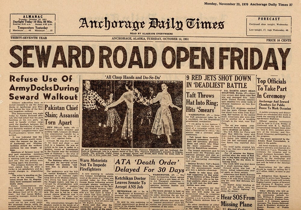 Headline in 1951 Anchorage Daily Times newspaper in Anchorage, Alaska. Headline in 1951 Anchorage Daily Times newspaper in Anchorage, Alaska.