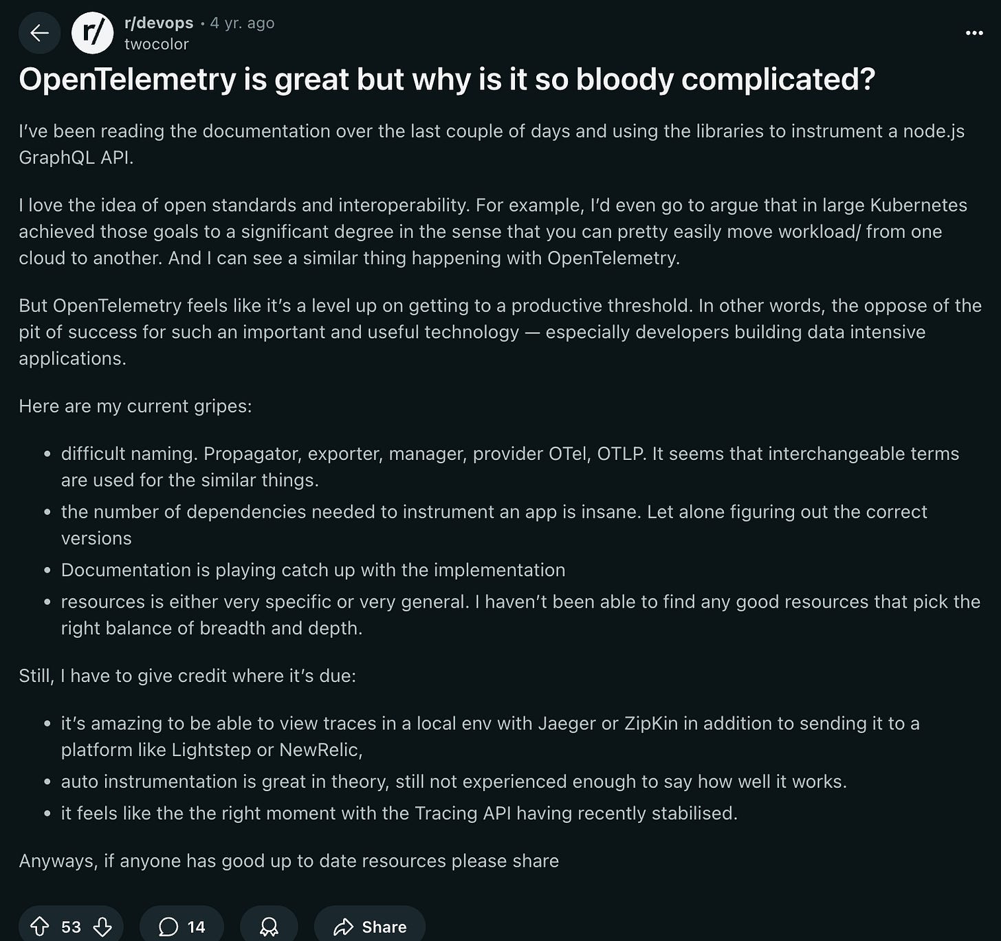 Reddit thread on why OTel can be complicated Reddit thread on why OTel can be complicated