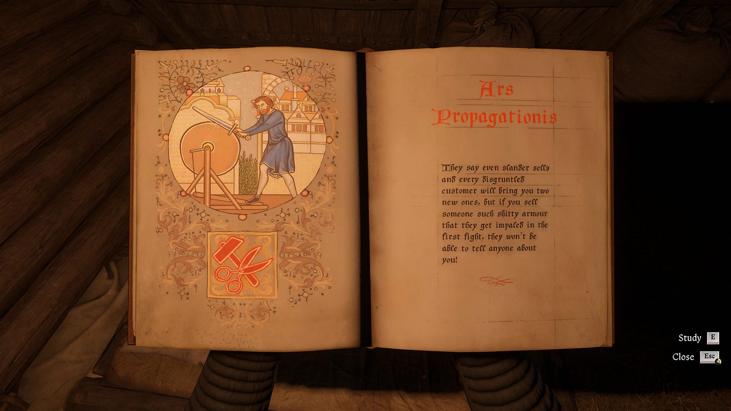 A screenshot of Kingdom Come: Deliverance II, showing an illuminated book with the title Ars Propagationis.