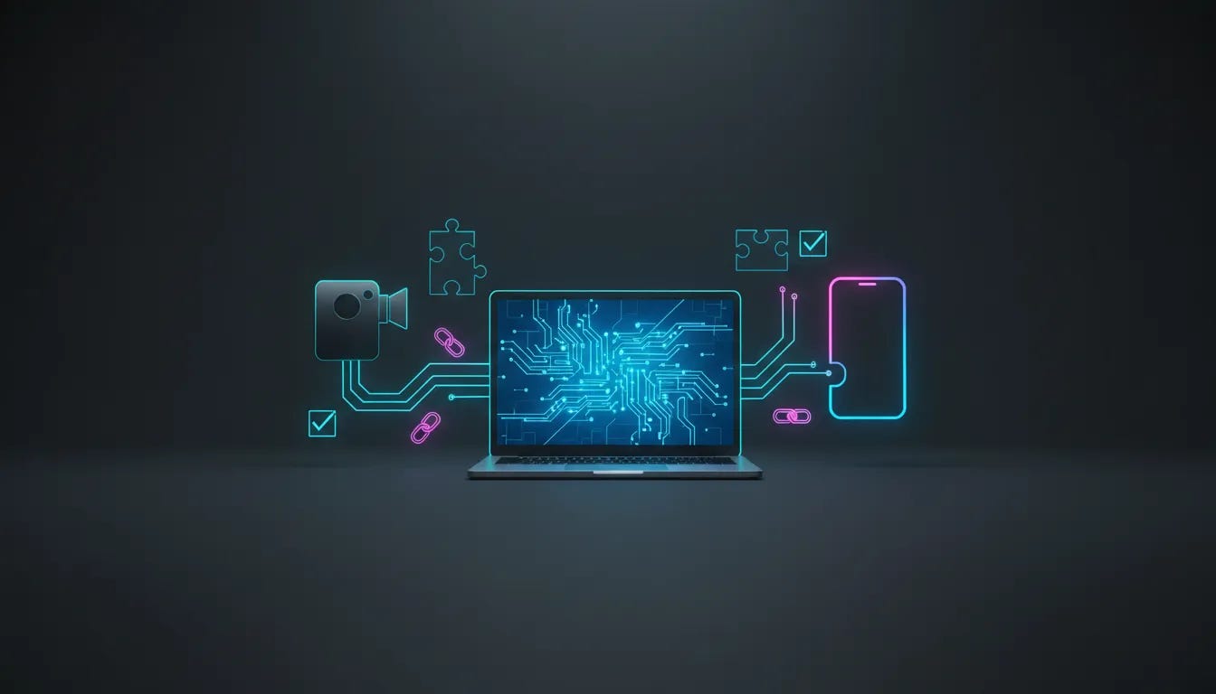 Illustration of an integrated creator workspace showing multiple connected devices with glowing links to represent reliable non-negotiable tech tools, with no text.