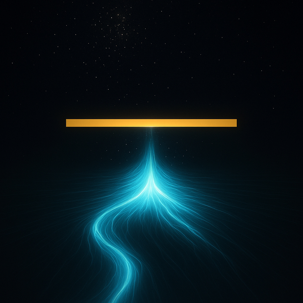 Minimalist space scene: a golden horizontal bar spans the frame while a cyan river of energy tunnels below it, representing energy dropping beneath a classical limit.
