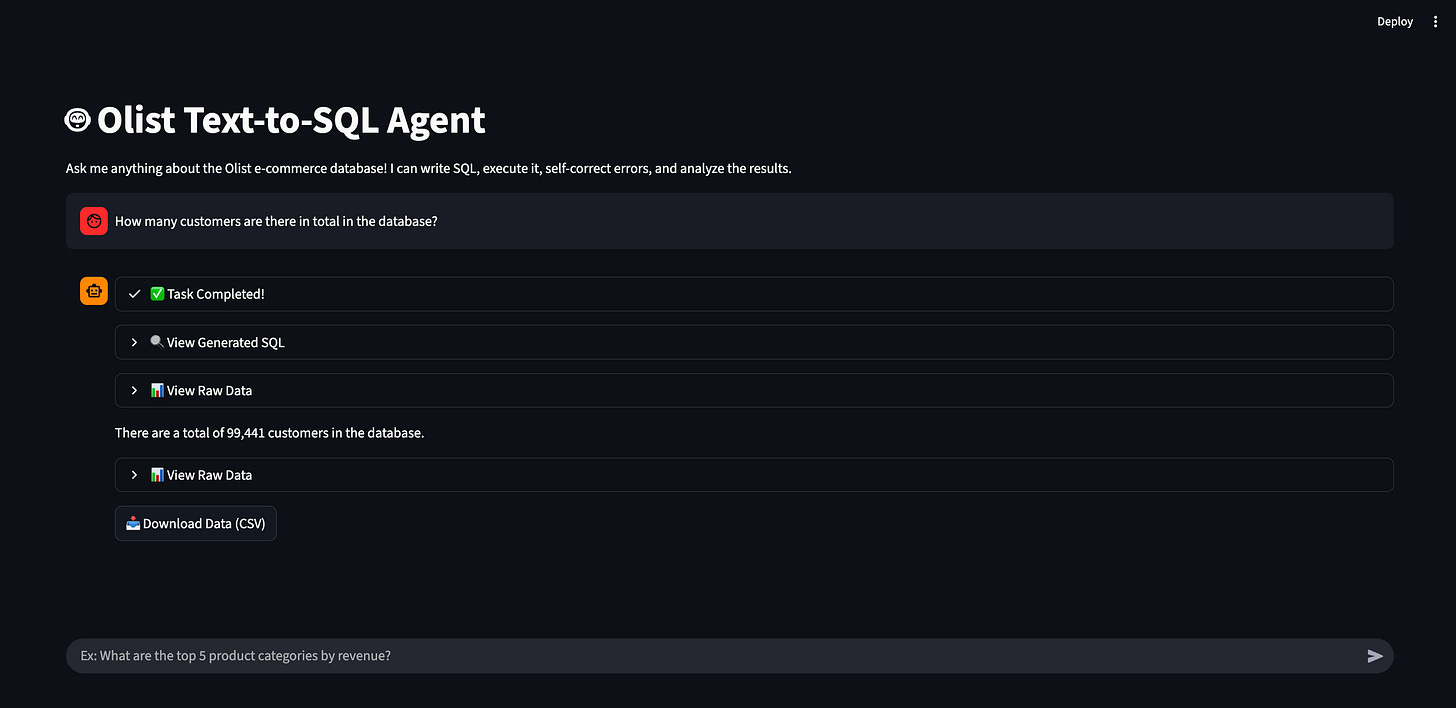 A dark mode web application showing a chat interface. The user asks for the total number of customers. The AI agent replies with the exact number and displays expandable menus to view the generated SQL code and the raw data. A dark mode web application showing a chat interface. The user asks for the total number of customers. The AI agent replies with the exact number and displays expandable menus to view the generated SQL code and the raw data.