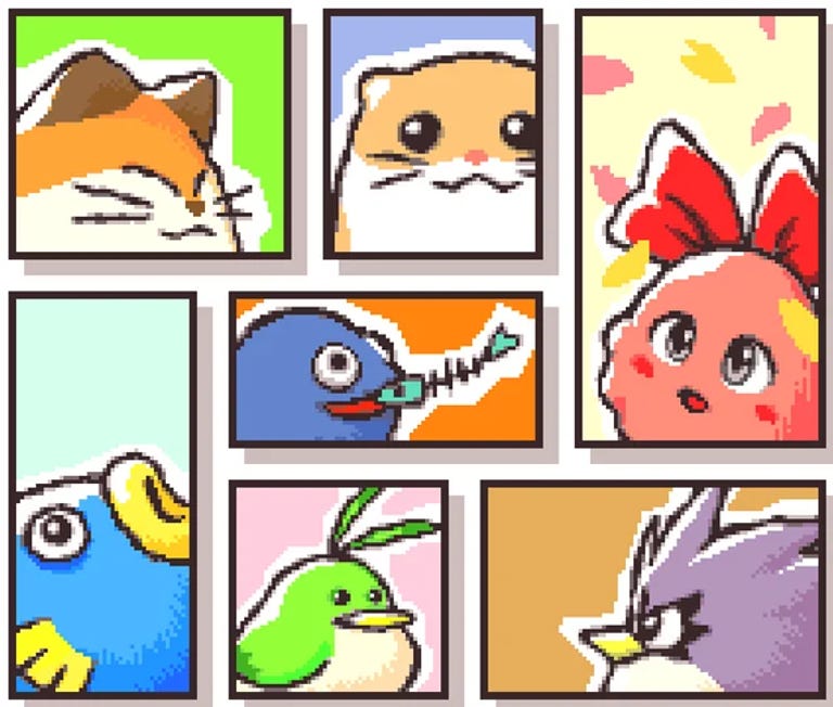 Colorful cartoon portraits of animals and creatures in a grid. Includes a cat, hamster, birds, and a pink character with a red bow. Bright background.