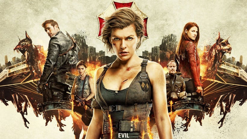 The poster for Resident Evil: Afterlife features zombie dogs, the Umbrella Corp logo, and Milla Jovovich as Alice.