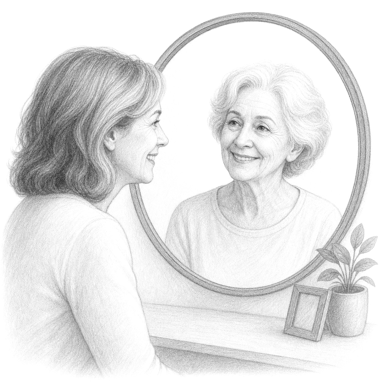 Graphite sketch of woman seeing older self
