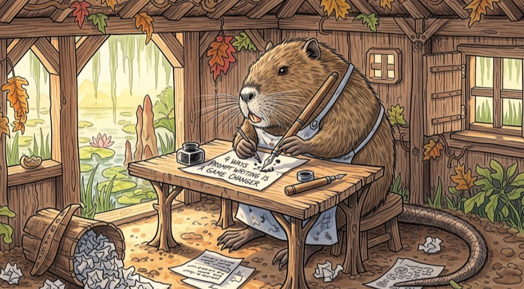 Pierre le Nutria at home writing about his AI experiences