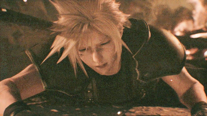 Perspective shift and time jump from Zack opening the door to Cloud being thrown backwards from the blast.