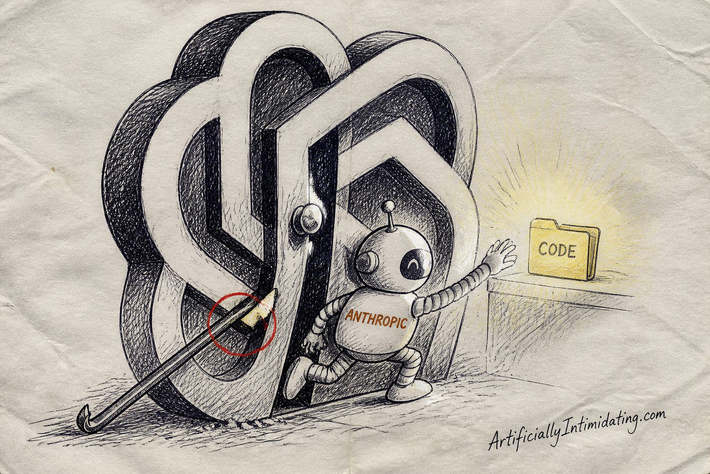 Hand-drawn sketch of a small robot with the Anthropic wordmark on its chest squeezing through a cracked-open door shaped like OpenAI's flower logo, reaching for a glowing folder labeled CODE, with a crowbar wedged in the door circled in red.