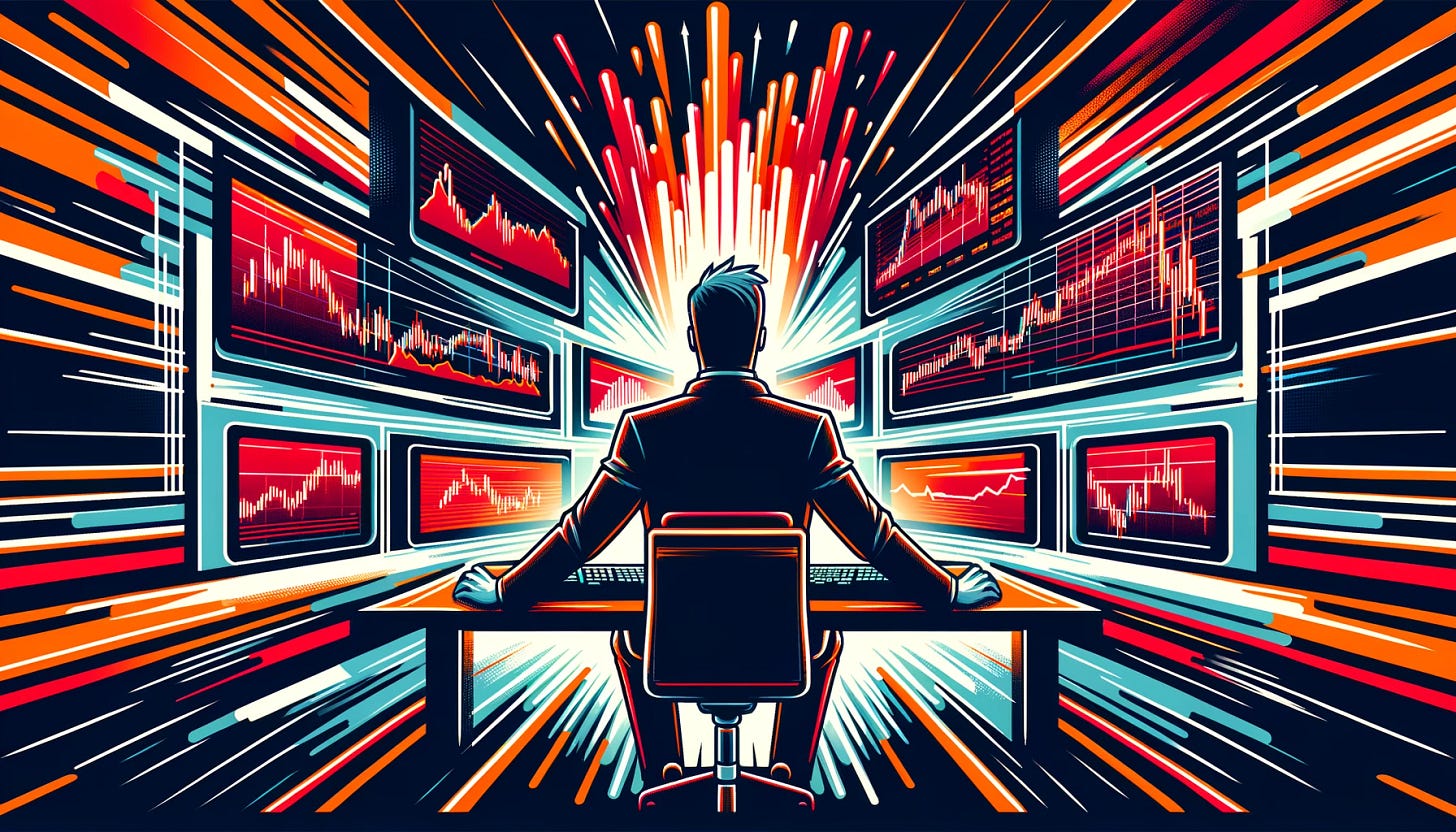 Create a modern vector image symbolizing the concept of 'going full tilt' in trading, depicting a trader in front of multiple screens displaying stock charts, with the trader's posture showing stress and urgency. The image should capture the intensity and emotional turmoil of the situation, using a color palette that conveys urgency and caution, such as reds and oranges, in a sleek and professional style.