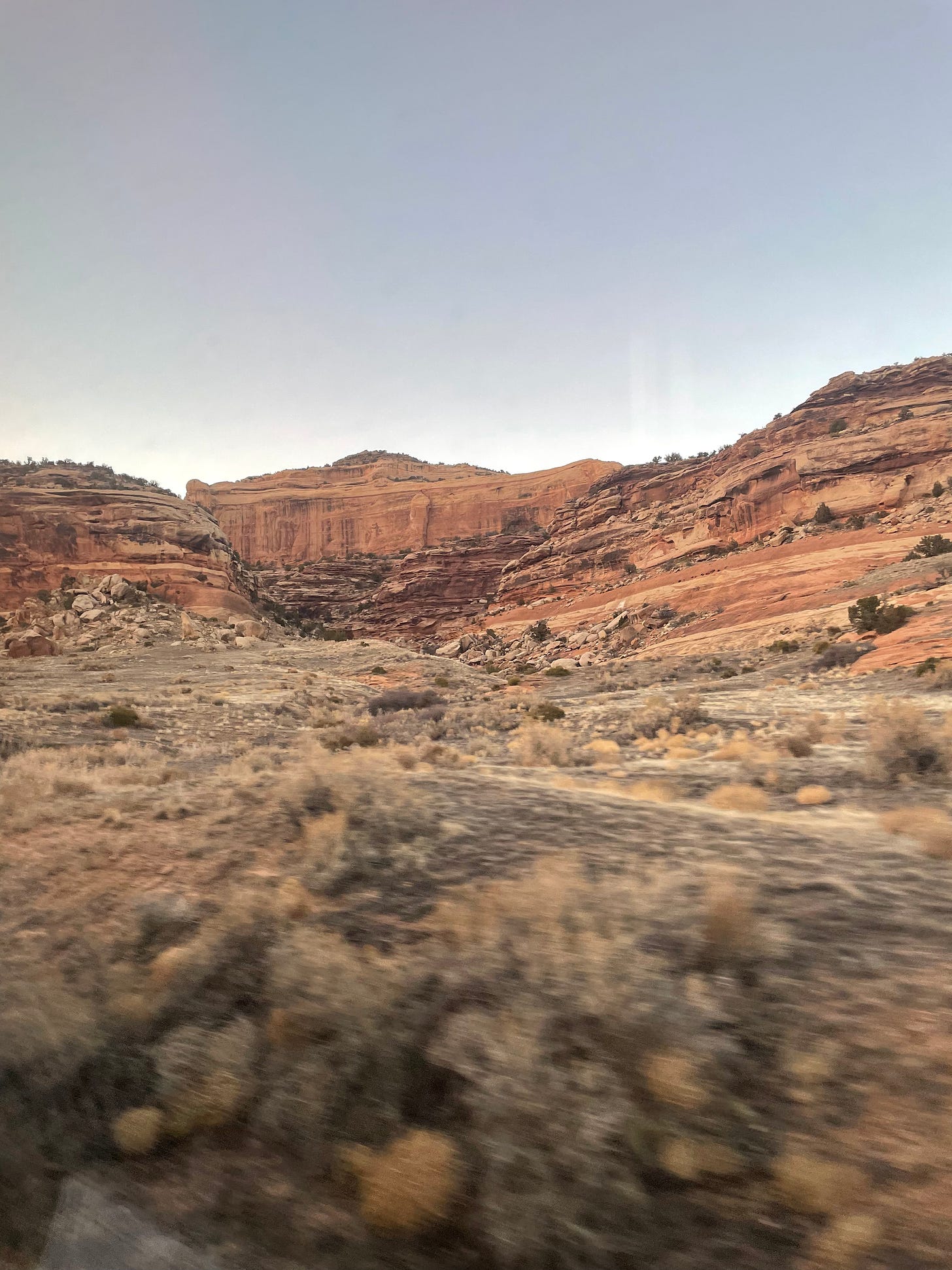 A red canyon at dusk.