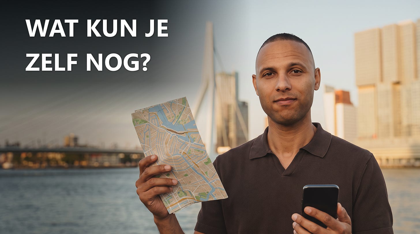 Luciano aan de Maas in Rotterdam met een papieren stadskaart in de ene hand en een telefoon met zwart scherm in de andere