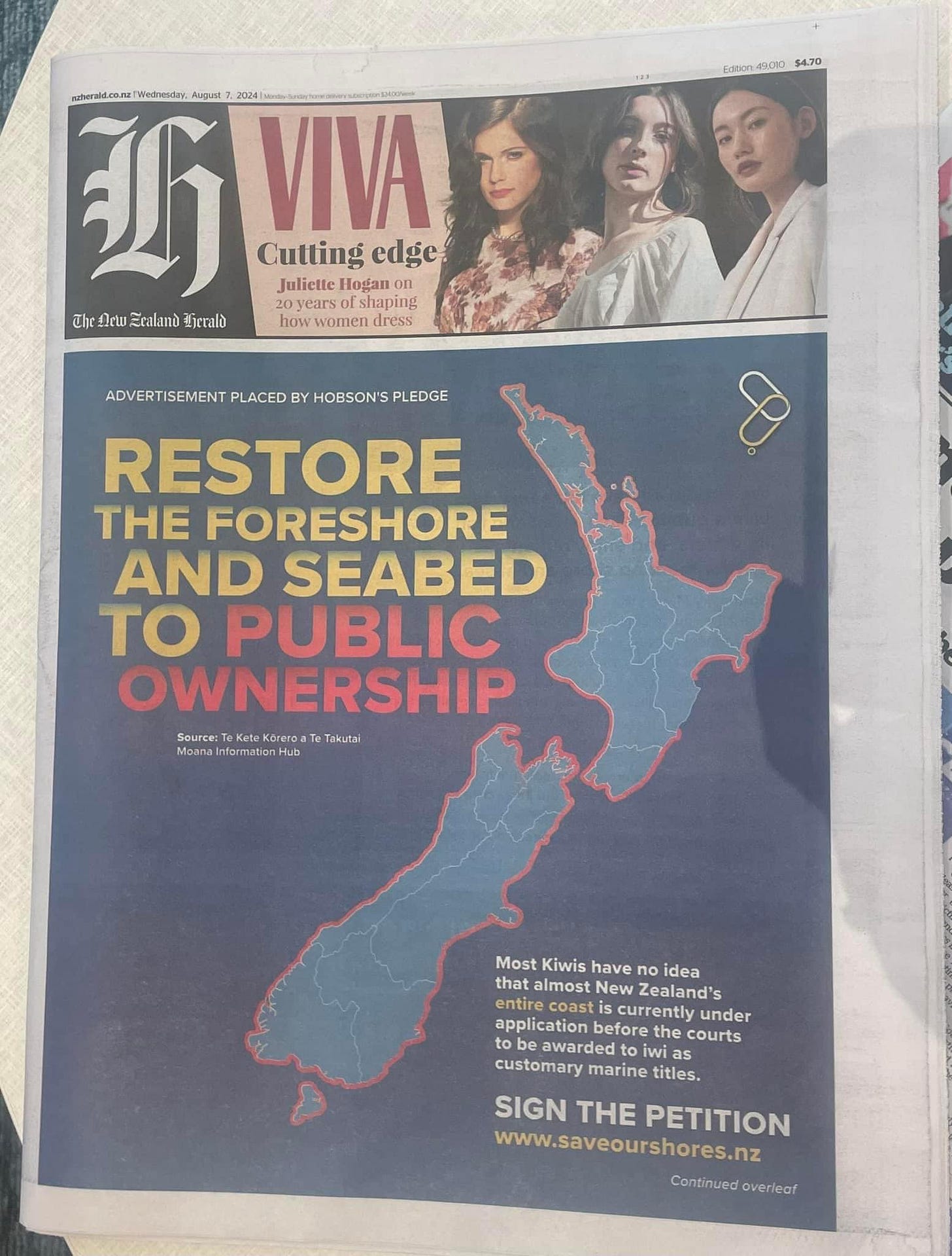 Cover of yesterday's NZ Herald with advertising from Save Our Shores. Cover of yesterday's NZ Herald with advertising from Save Our Shores.