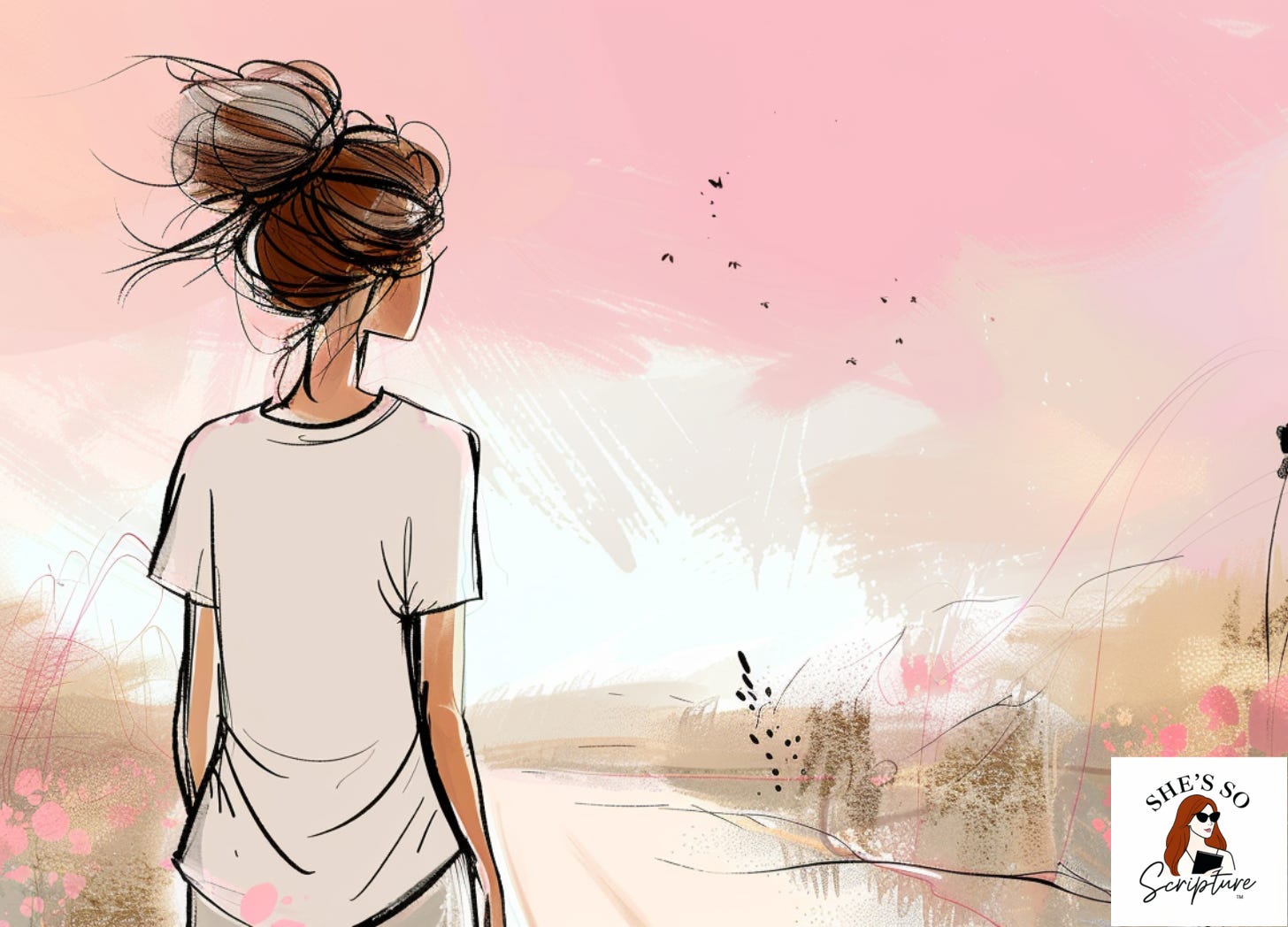 Whimsical fashion illustration of a woman with a messy bun walking along a quiet desert path toward golden light on the horizon against a soft blush pink watercolor background