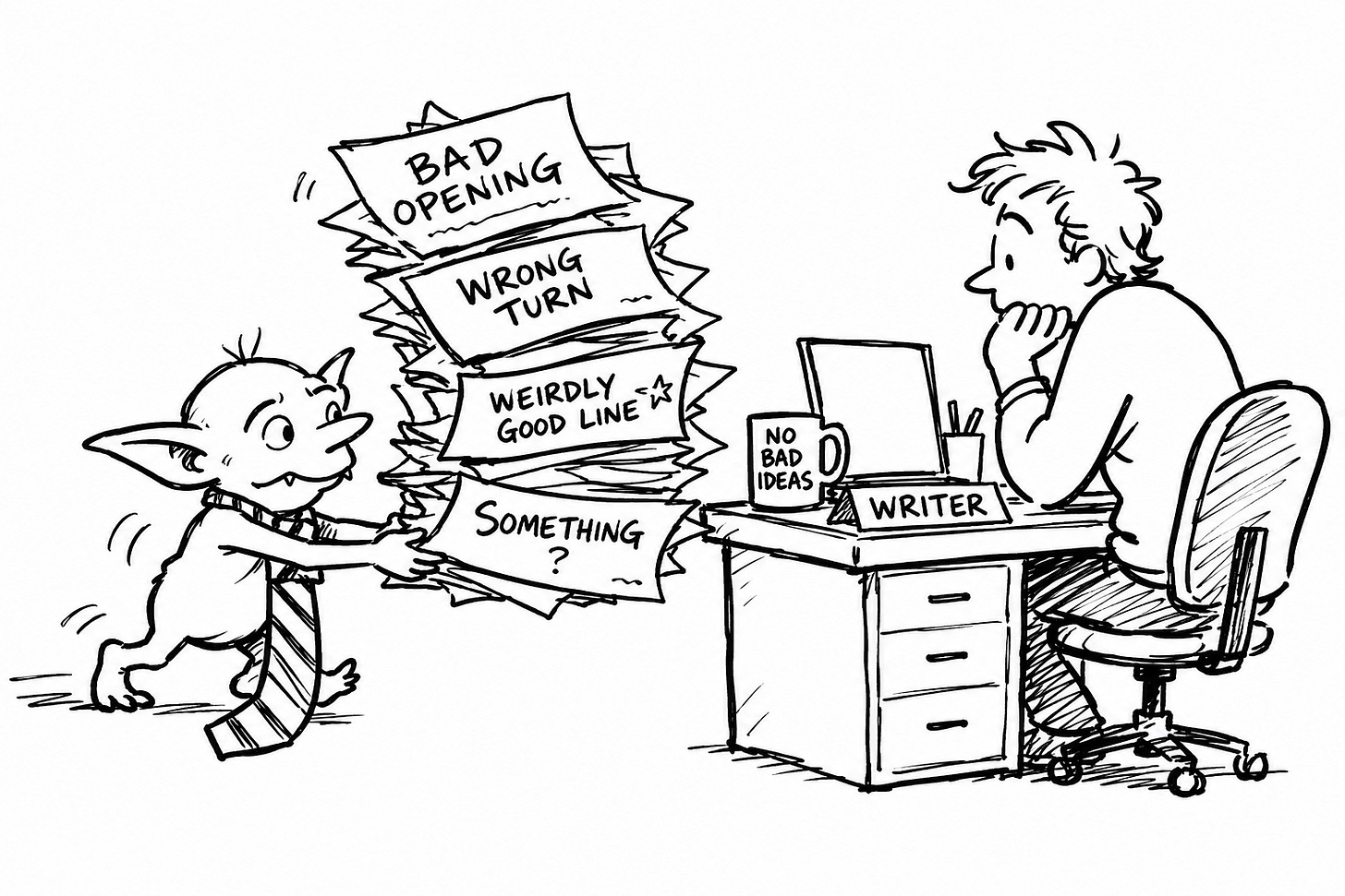 Hand-drawn black-and-white cartoon of a goblin carrying a tall stack of pages labeled “Bad Opening,” “Wrong Turn,” “Weirdly Good Line,” and “Something?” toward a writer at a desk. The image illustrates overcoming writer’s block with AI-assisted writing by turning rough ideas into material for editing and creative judgment.