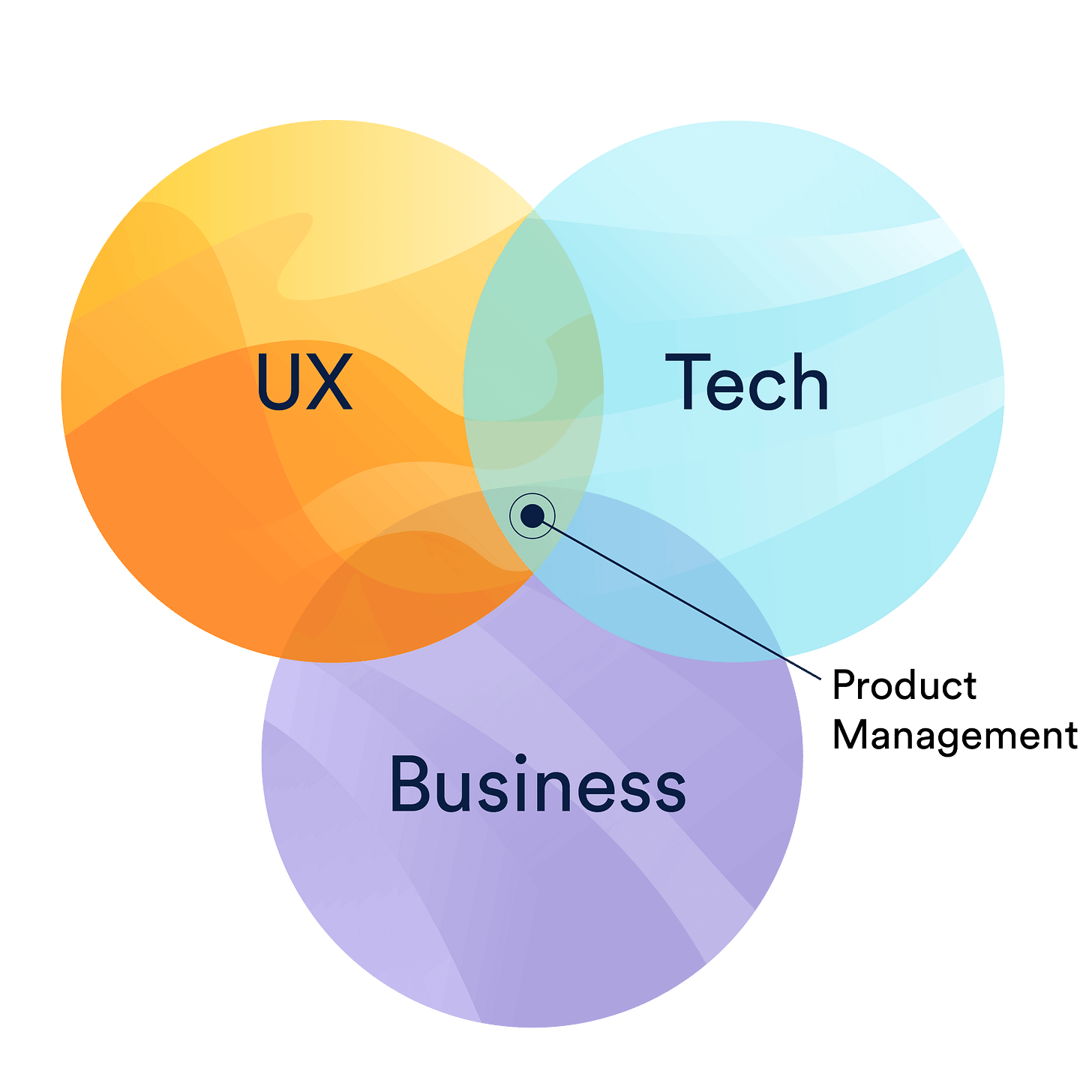 Venn diagram with three intersecting circles: Business, Technology, and User. Product Management is at the intersection Venn diagram with three intersecting circles: Business, Technology, and User. Product Management is at the intersection