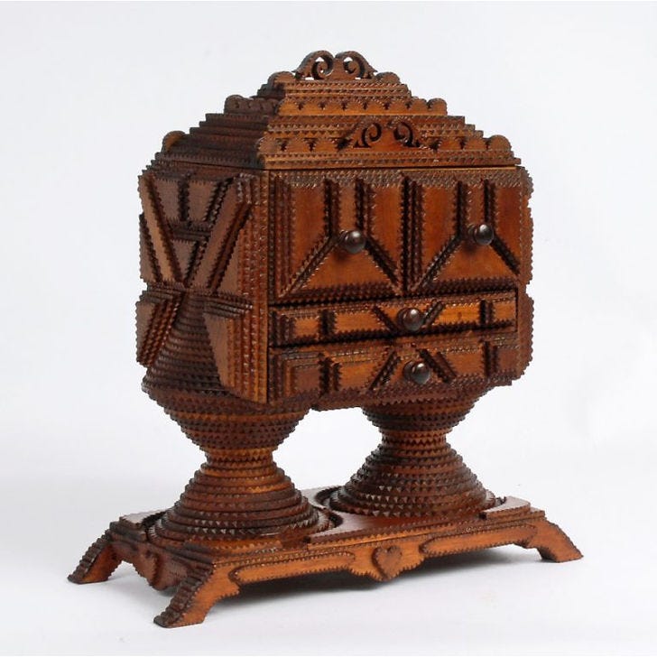 19th-century tramp art chest on pedestals (source)