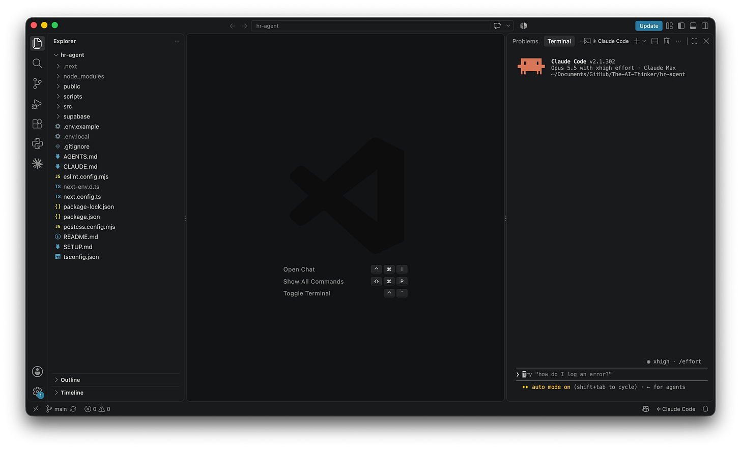 VS Code with the hr-agent project open in the Explorer on the left, listing folders such as src, scripts and supabase and files such as README.md and SETUP.md, and a terminal panel on the right running Claude Code v2.1.302 with Opus 5.5 at xhigh effort on a Claude Max plan, in the folder Documents/GitHub/The-AI-Thinker/hr-agent. VS Code with the hr-agent project open in the Explorer on the left, listing folders such as src, scripts and supabase and files such as README.md and SETUP.md, and a terminal panel on the right running Claude Code v2.1.302 with Opus 5.5 at xhigh effort on a Claude Max plan, in the folder Documents/GitHub/The-AI-Thinker/hr-agent.