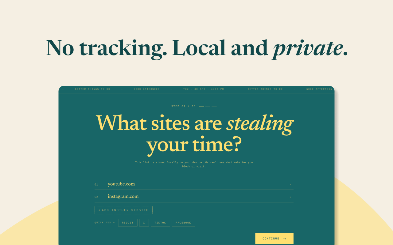 Onboarding step 1, what sites are stealing your time? Onboarding step 1, what sites are stealing your time?