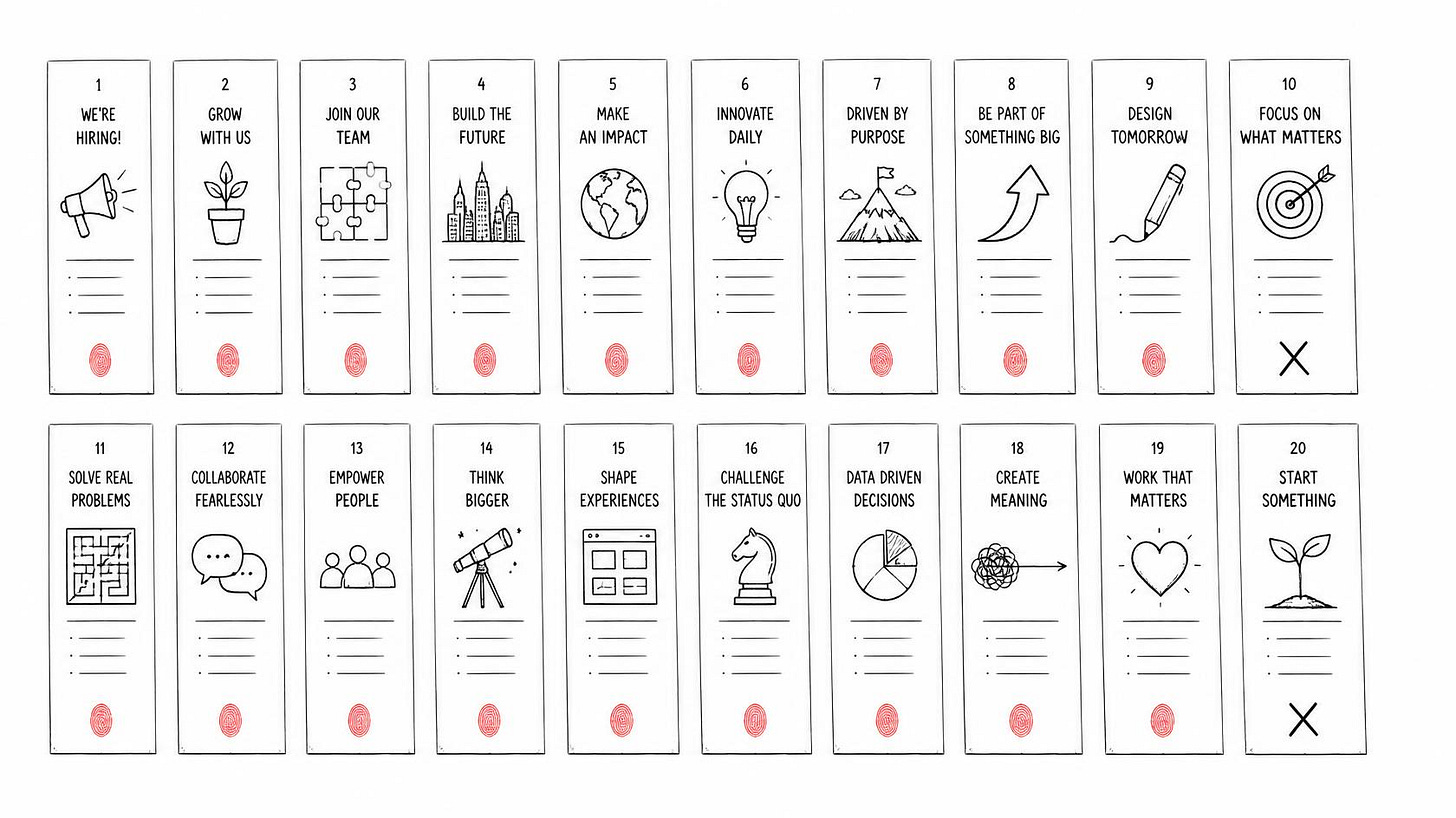 Fifteen job ads hide the same small fingerprint near their bottom margins