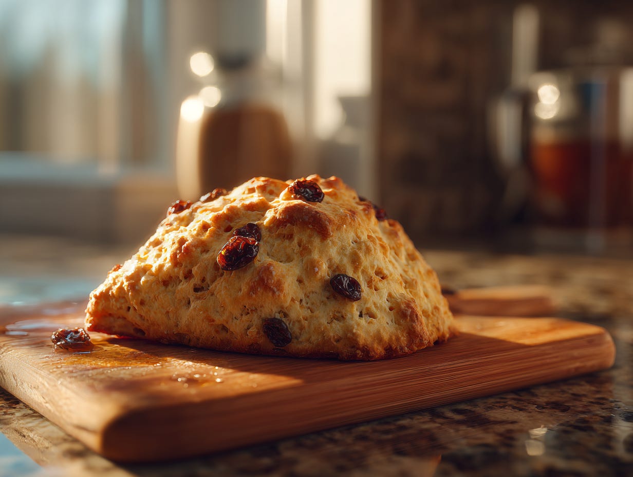 home-made currants and orange rind scone, fresh out of the oven hot. Scone on a warm colored wood cutting board on a granite countertop with soft brownish patterns and a natural light background coming from a window, soft focused. home-made currants and orange rind scone, fresh out of the oven hot. Scone on a warm colored wood cutting board on a granite countertop with soft brownish patterns and a natural light background coming from a window, soft focused.