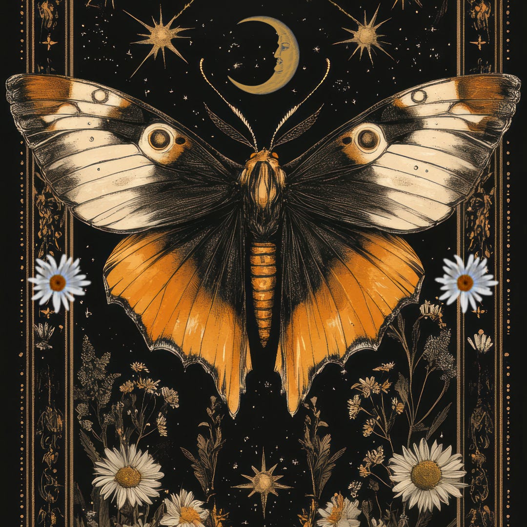 drawing of a moth surrounded by daisies, wildflowers, stars and the moon in black, yellow, white, and gold