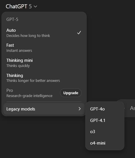 Screenshot of the updated ChatGPT model picker for GPT-5. The dropdown menu shows five mode options: Auto (selected), Fast, Thinking mini, Thinking, and Pro (with an “Upgrade” button). A submenu labeled “Legacy models” is expanded, displaying older model options: GPT-4o, GPT-4.1, o3, and o4-mini. This interface is available to ChatGPT Plus users. Screenshot of the updated ChatGPT model picker for GPT-5. The dropdown menu shows five mode options: Auto (selected), Fast, Thinking mini, Thinking, and Pro (with an “Upgrade” button). A submenu labeled “Legacy models” is expanded, displaying older model options: GPT-4o, GPT-4.1, o3, and o4-mini. This interface is available to ChatGPT Plus users.