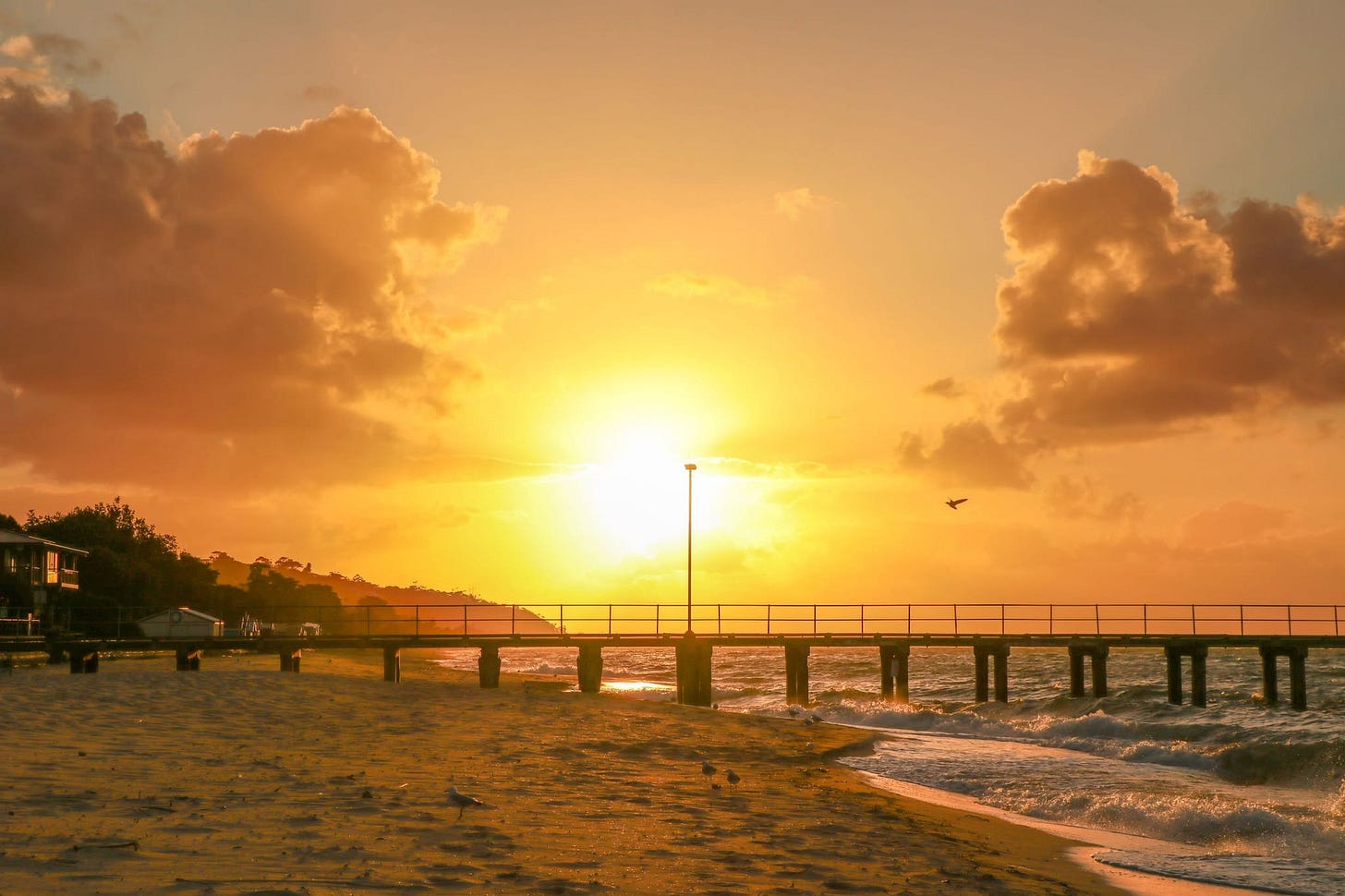 Sunset at Dromana Beach. An orange sky lights up a single solitary concrete pier running horizonatally across the image from a sandy beach into the ocean