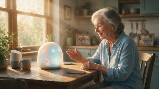 A woman talking to an AI companion. A woman talking to an AI companion.