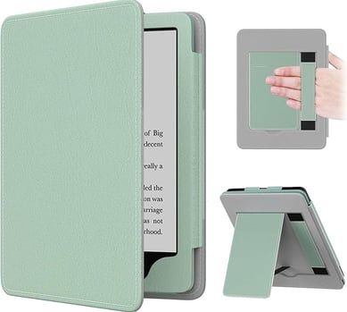 a kindle book case with a book and a hand holding a book