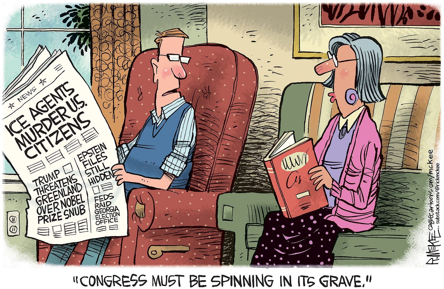 May be an image of ‎text that says '‎NEWS AGENTS 次 本 MURDERUS CITIZENS EPSTEIN ICE STILL HIDDENS TRUMP THREA THREATENS GREENLAND NOBEL 0 FEDS OVER OVERNOBEL PRIZESNUB GEORGIA PRIZE SNUB RAID OFFICE 1 uNi 사사 a $ ထု ب ઈ "CONGRESS MUST BE SPINNING IN ITS GRAVE,"‎'‎