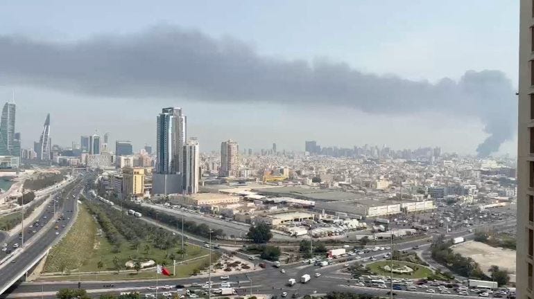 Smoke rises after the state news agency reported missile attack on the service center of the U.S. Fifth Fleet, in Manama Smoke rises after the state news agency reported missile attack on the service center of the U.S. Fifth Fleet, in Manama
